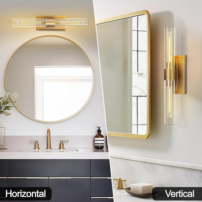 Brass Vanity Light Hardwired, 2-Light Bathroom Wall Sconce Over Mirror, 22.8" Gold Vanity Lights for Bathroom, Dimmable Wall Sconce with Glass Tube, Linear Wall Sconces for vertical and horizontal