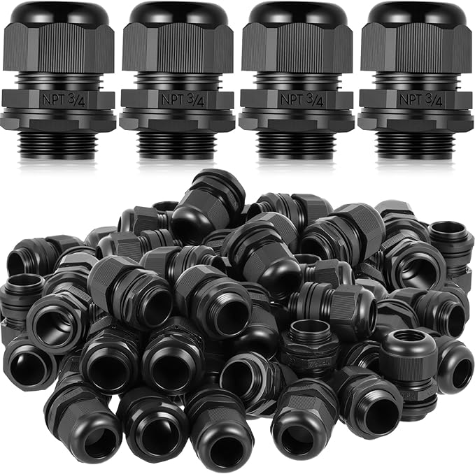50 Pcs 3/4" NPT Black Nylon Cable Gland, Waterproof IP68 Adjustable Locknut Cable Diameter Waterproof Connectors Black Cord Grip