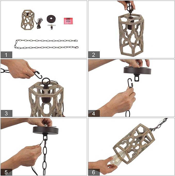 KSANA Farmhouse Wood Pendant Light, Cage Lantern Hanging Light Fixture for Kitchen Island, Foyer, Hallway, Bedroom and Entryway