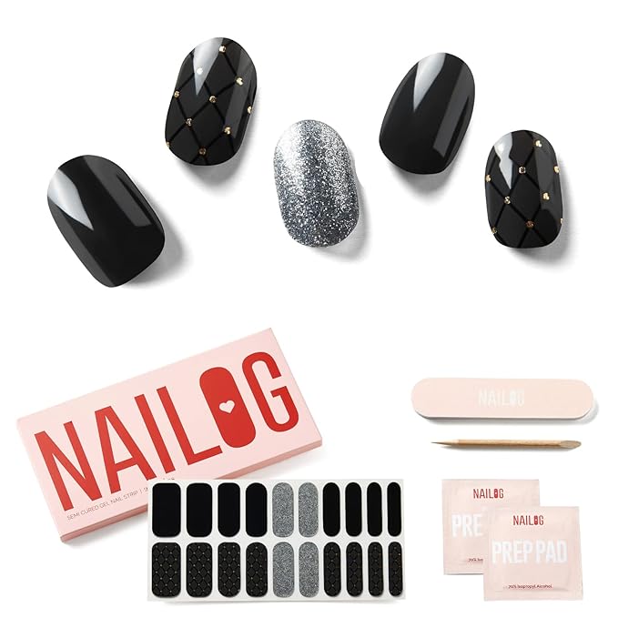 NAILOG Semi Cured Gel Nail Strips, 20Pcs Black Glitter Lasting Gel Nail Stickers, Salon Quality Easy Apply & Remove Works with Any UV/LED Nail Lamps, Black Pearl
