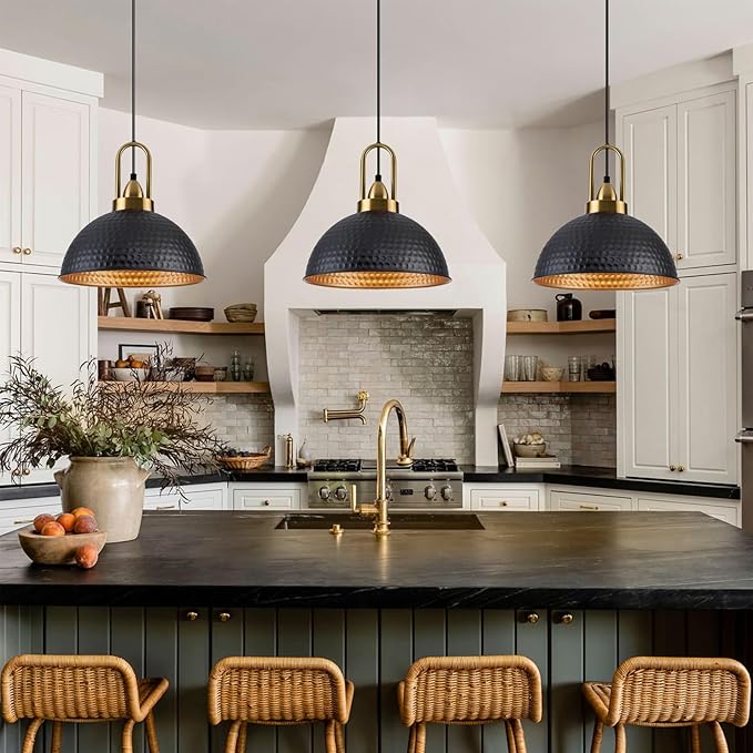 Black Pendant Lights Kitchen Island Industrial Adjustable Height Vintage Farmhouse Dome Hanging Light Fixtures for Barn, Dining Room 3 Packs