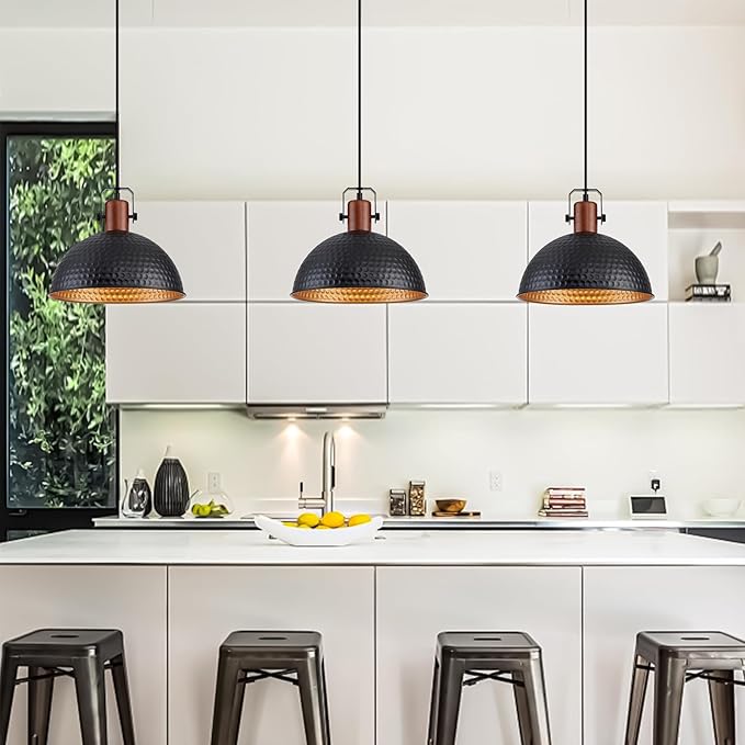 12 Inch Black Pendant Lights Hammered Matte Pendant Lights for Kitchen Island Industrial Farmhouse Adjustable Height Dome Hanging Light Fixtures for Barn, Dining Room 1 Pack