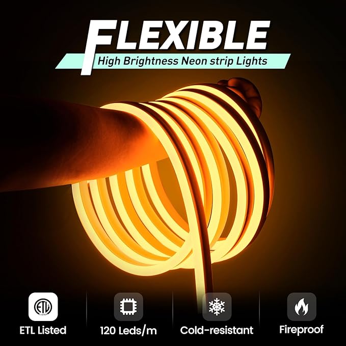 GZBtech Flexible LED Neon Rope Lights 50FT,AC 110-120V Waterproof Strip Light, 120 LEDs/M Cuttable Connectable Neon Lighting for Indoor Outdoor Home Decor/Commercial Building Use-Amber 15M, ETL Listed
