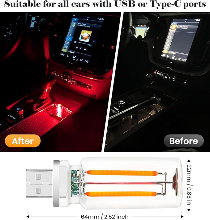 USB Retro Car Lamp, Touch-Control Portable LED Car Ambient Light, USB Powered Night Lights, Suitable for Bedroom, Camping, Holiday Decorations. (Red Light)