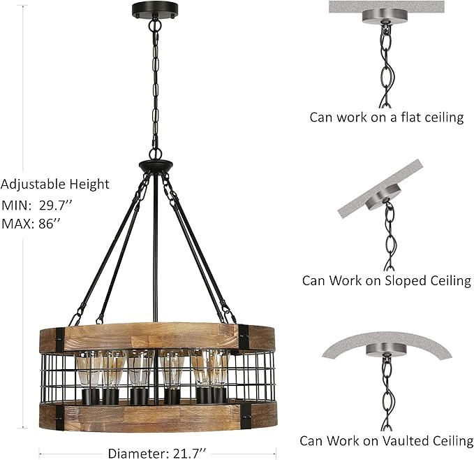 6-Light Farmhouse Chandelier for Entryway, Rustic Dining Room Light Fixtures, Industrial Drum Hanging Lighting for Kitchen Island Foyer, Black Wood and Black Metal Finish