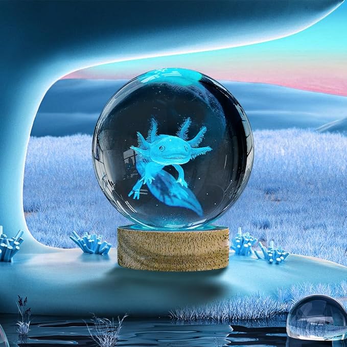 3D Axolotl Crystal Ball Night Light with Woodern Base,16 Colors with Remote Control Cool Desk Decor Gifts for Kids Friends (Axolotl-b)