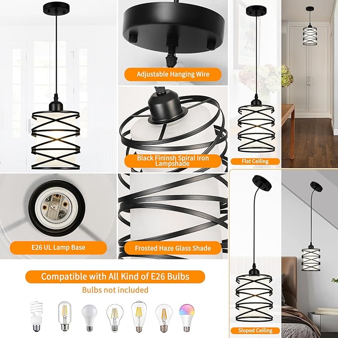 Black Pendant Lights for Kitchen Island, Industrial Pendant Light Fixture with Frosted Glass Shade, Farmhouse Adjustable Spiral Iron Pendant Lighting for Dining Room Foyer Hallway Kitchen