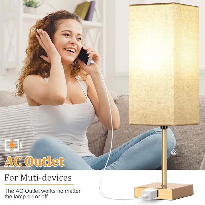 Table Lamp for Bedroom set of 2,3-Color Bedside Lamps with Pull Chain Table Lamps for Nightstand with AC Outlets,18'' Night Light Lamps with 2 Bulbs Lamps for Living Room Kids Office Decor（Glod）