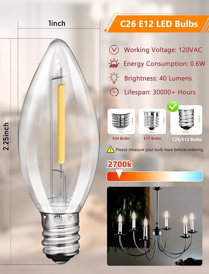 25Pack E12 Candelabra LED Light Bulbs,Dimmable Soft Warm White ‎Plastic C26 Candle LED Light Bulbs for Candle Light,Candelabra,Ceiling Fan Night Light Decorative,0.6 Watt,2700K