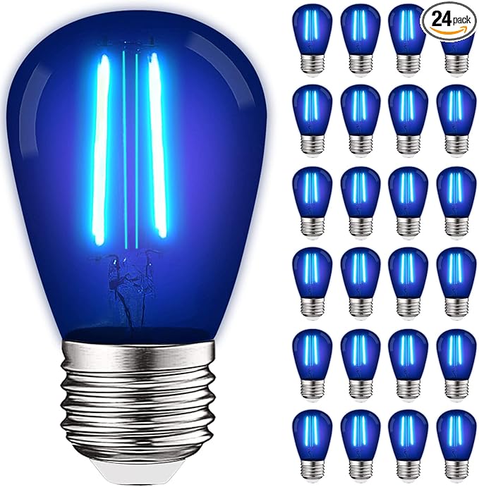 LUXRITE 24-Pack S14 Edison LED Blue Light Bulb, 0.5W, Colored LED Bulbs for Outdoor String Lights, UL Listed, E26 Base, Indoor Outdoor, Decoration, Party, Holiday, String Light Replacement Bulbs