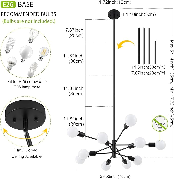 Sputnik Chandelier, Black Modern Chandeliers, Mid Century Ceiling Lighting Fixture for Living Room, Kitchen, Bedroom, Dining Room, Farmhouse (10-Light)