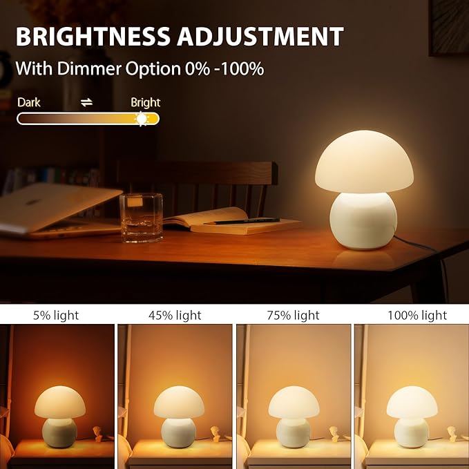 Mushroom Table Lamp for Bedroom Living Room Small Vintage Table Lamp Dimmable Bedside Lamp Ceramic Base & Glass Led Cozy Lamp Desk Light for Home Aesthetic Decor