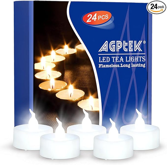 AGPTEK® Timer Flickering Flameless LED Candles Battery-Operated Tealights for Wedding Holiday Party Home Decoration 24pcs(Cool White)