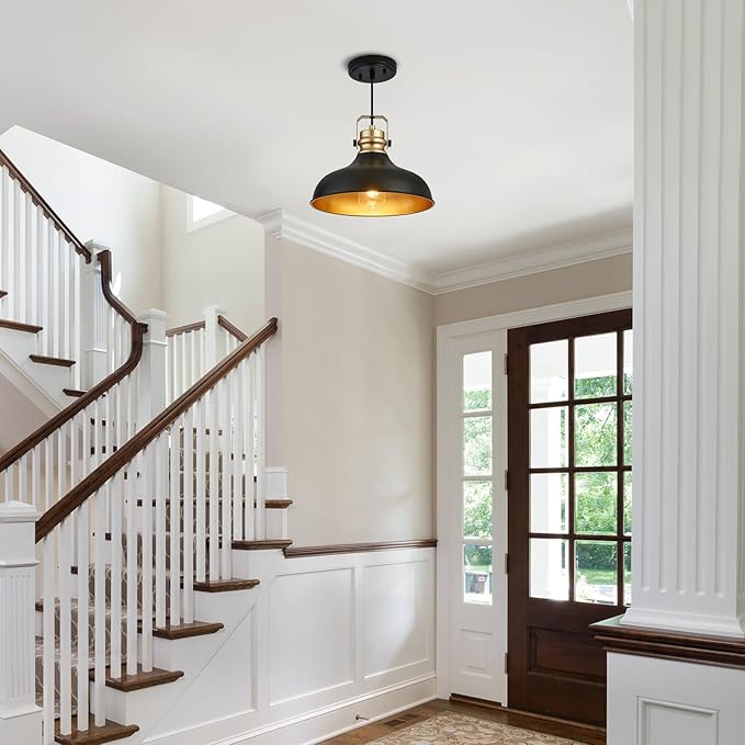 Black and Gold Farmhouse Pendant Lights Matte Pendant Lighting for Kitchen Island Industrial Adjustable Height Vintage Dome Hanging Light Fixtures for Barn, Dining Room 3 Packs