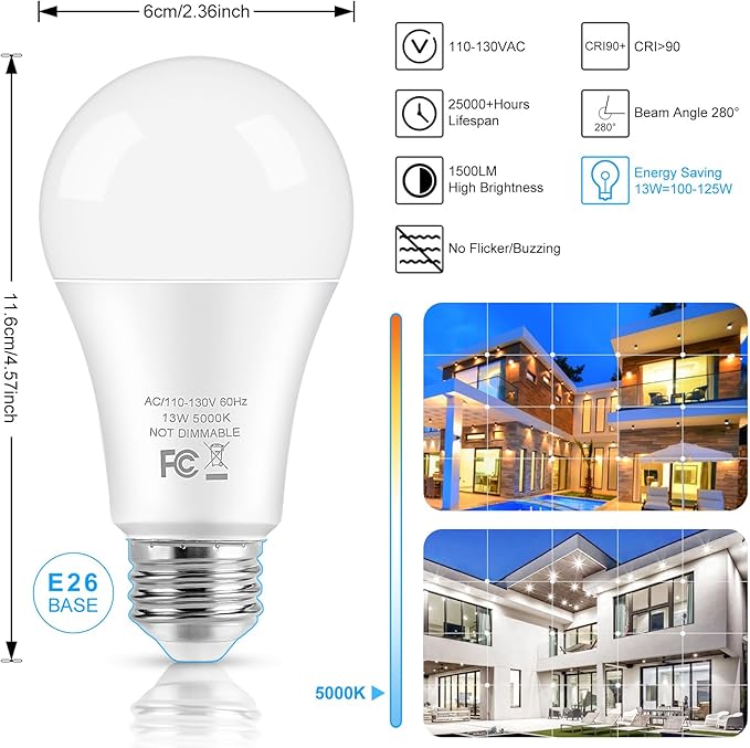 LED Light Bulbs, 100 Watt Equivalent A19 LED Bulbs, 13W 5000K Daylight White 1500 Lumens Non-Dimmable Bright E26 Edison Medium Screw Bulbs for Home Bedroom Kitchen Living Room Office Lamp, 10-Pack
