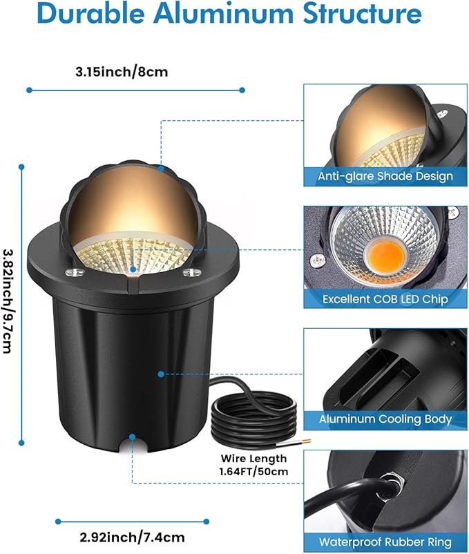 HIBOITEC Low Voltage Landscape Lights, 12W LED Outdoor In-Ground Lights 1200LM Waterproof IP67 Landscape Lighting, Anti-Glare Die-Cast Aluminum Garden Lights for Pathway Tree Yard, 6 Pack