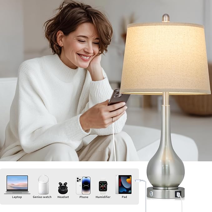26" Silver Table Lamp for Living Room Single, Touch Control Bedside Lamp with USB Charging Ports, 3-Way Dimmable Brushed Nickel Bedroom Lamp for Nightstand (1 Pack)