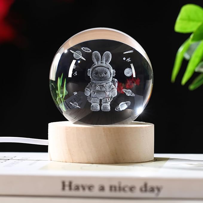 Easter 3D Crystal Ball Rabbit Decor Night Light, Easter Night Light Space Bunny Astronaut Gifts for Kids, Birthday Gift for Boy Gifts for Him Her Boyfriend Girlfriend