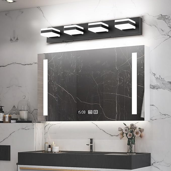SOLFART Bathroom Light Fixtures, 4 Lights Modern LED Vanity Lights Over Mirror, Matt Black Bathroom Lights Cool Light 6000K