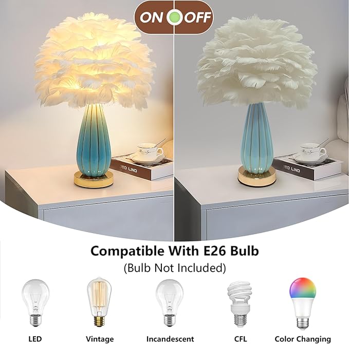 Chic White Feather Lamp Creative Feather Bedside Lamp Princess Nightstand Table Lamp Deco Romantic Atmosphere Desk Light for Cute Girl Bedroom Wedding Gift Living Room Hotel Ceramic Body