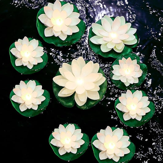 Hortsun 9 Pcs Floating Lotus Lights with Batteries Lily Pads Pool Flowers Floating Candles Decor Artificial Pond Plants Decorations for Pool Pond Outdoor Indoor (White,Yellow Light,3.94/5.91 Inch)