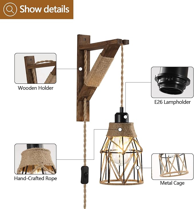 SEEBLEN Plug in Wall Sconces Set of 2,Farmhouse Hanging Lamps That Plug into Wall Outlet, Rustic Metal Cage Sconce with Wooden Bracket for Bedroom Living Room Headboard.
