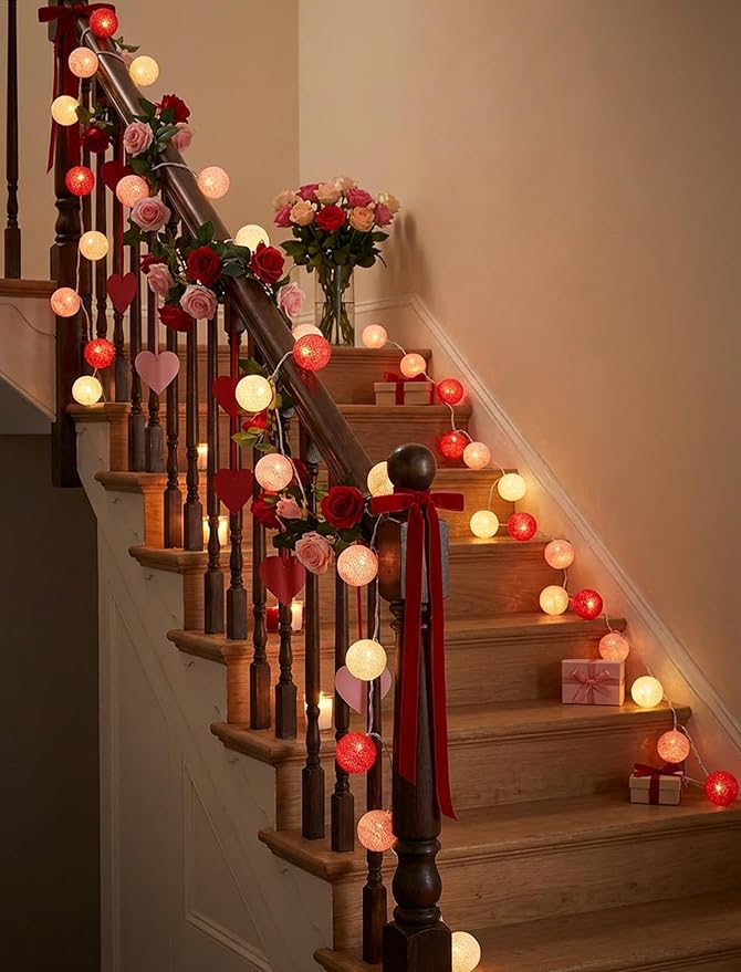 Red Pink and White Cotton Ball String Lights, 8.5Ft Valentine’s Day Decorative Fairy Lights Plug in with 10 Colorful Lantern, Hanging Cotton Globe Lights for Bedroom Wedding Party Home Birthday Decor
