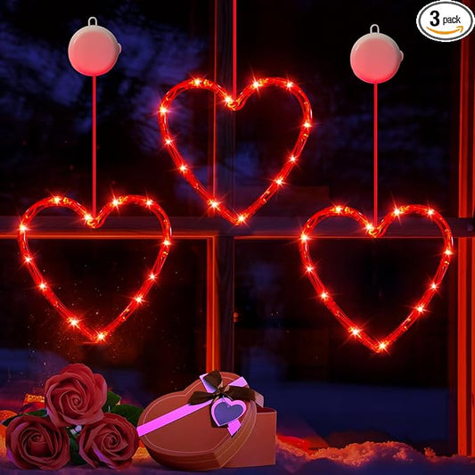 3 Pack Valentines Day Window Lights Decorations with Timer, Battery Powered Hanging Red Lighted Heart Shaped Silhouette Sucker LED Lamp for Fireplace Indoor Home Decor