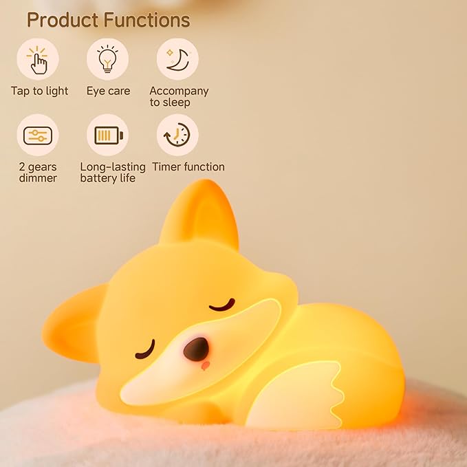 Led Cute Fox Night Light, 2 Levels Dimmable Timer Nursery Nightlight for Kids, Rechargeable Touch Bedside Lamp, Used for Camping Party Room Decor(Fox)
