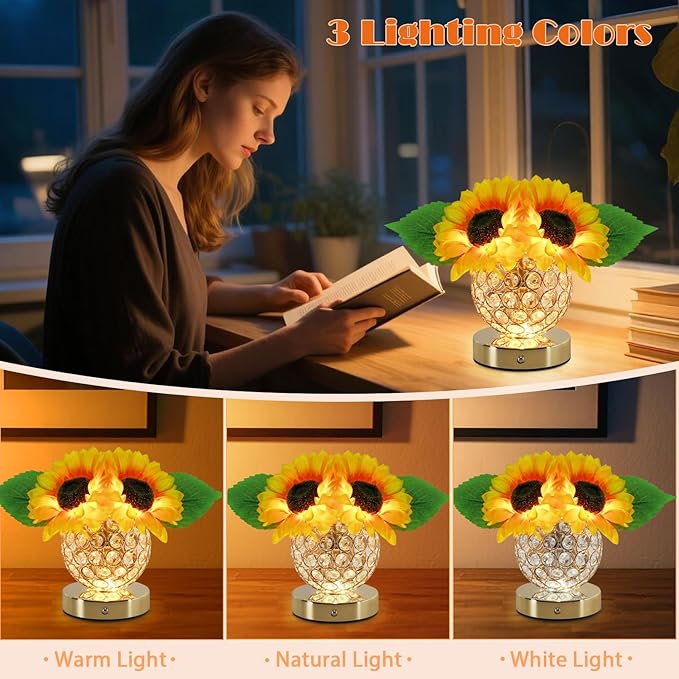 Sunflower Lamp, 3 Colors Desk Touch Control Lamp, Dimmable Fake Flower Crystal Night Light, Rechargeable Artificial Flower Lamp, Sun flower Bedside Lamps, Gifts for Mother Wife Girls Decor (Sunflower)