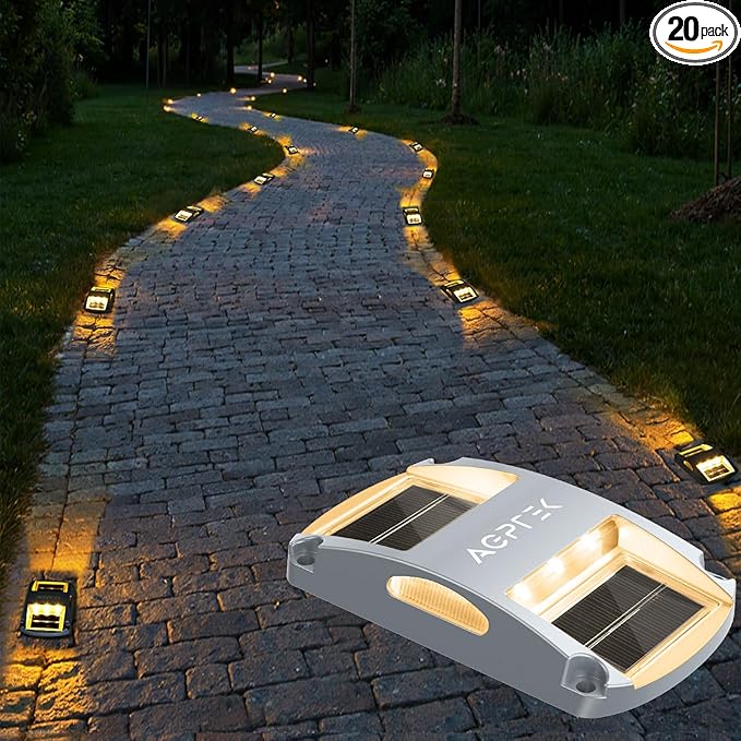 AGPTEK Solar Driveway Lights 20 Pack, Outdoor Deck Dock Marine LED Solar Powered Waterproof Driveway Marker Lights for Warning Step, Sidewalk, Pathway, Garden, Yard (Warm White)