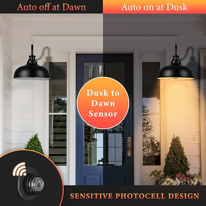 Dusk to Dawn Outdoor Gooseneck Barn Light,16 Inch Dome Outdoor Wall Sconce Farmhouse Exterior Wall Mount Light Vintage Wall Lighting Fixture Industrial Black Wall Lantern for Porch, 2 Pack