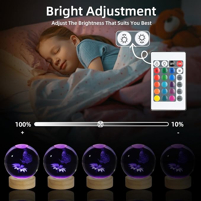 3D Butterfly Crystal Ball Night Light, Upgraded 3.15 Inch Glass Ball Lamp with 16 Color LED Wooden Base, Butterfly Lamp Bedroom Decor Birthday Christmas Butterfly Gifts for Kids Friends