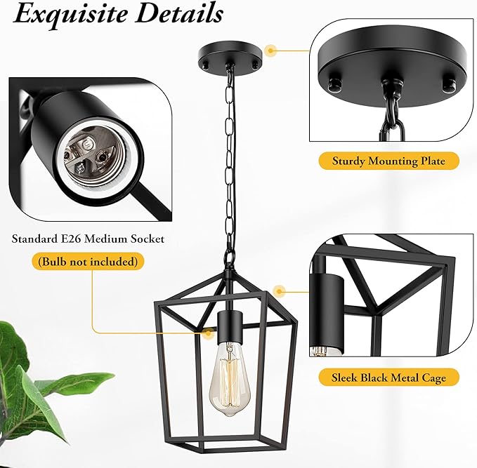 Farmhouse Black Pendant Light for Kitchen Island Industrial Hanging Lantern Fixture Modern Metal Cage Lamp Chandelier Lighting for Dinning Room Hallway, 49in Adjustable Chain for Flat & Sloped Ceiling