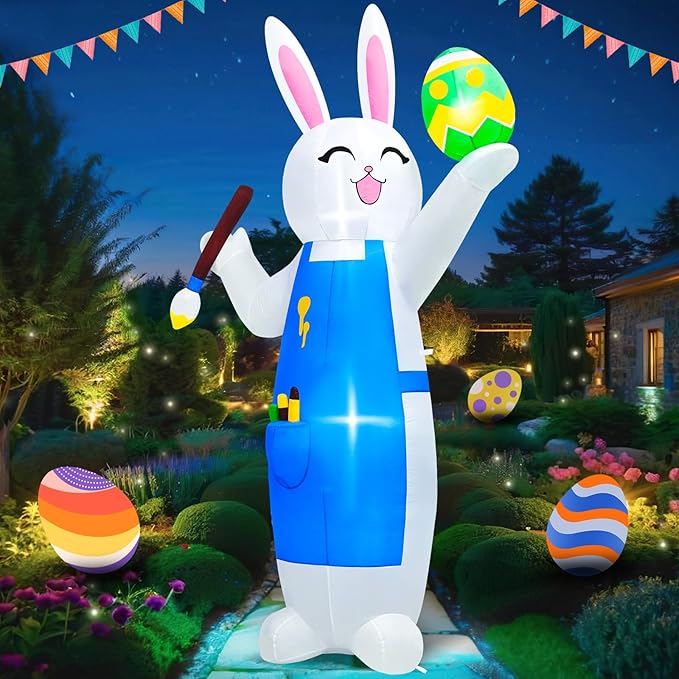 MICOCAH 8FT Easter Inflatables Outdoor Decorations Blow Up Bunny Painting Eggs Built-in LED Lights, Happy Easter Decorations Inflatable Bunny for Indoor Yard Garden Lawn Holiday Party Decor