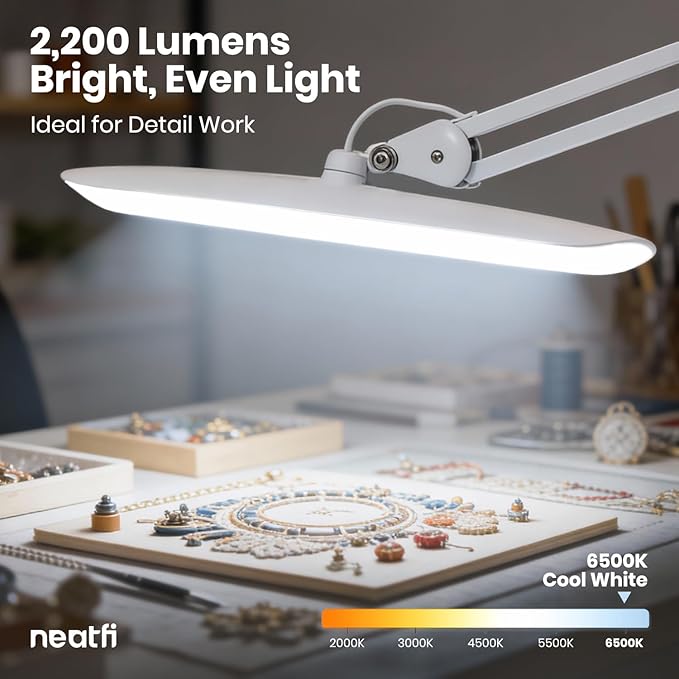 Neatfi XL LED Desk Lamp with Clamp, 2200 Lumens, 24W, 20-Inch Wide Head, Dimmable 4 Brightness Levels, Task Light for Home Office, Crafts, Workbench (Non-CCT, White)