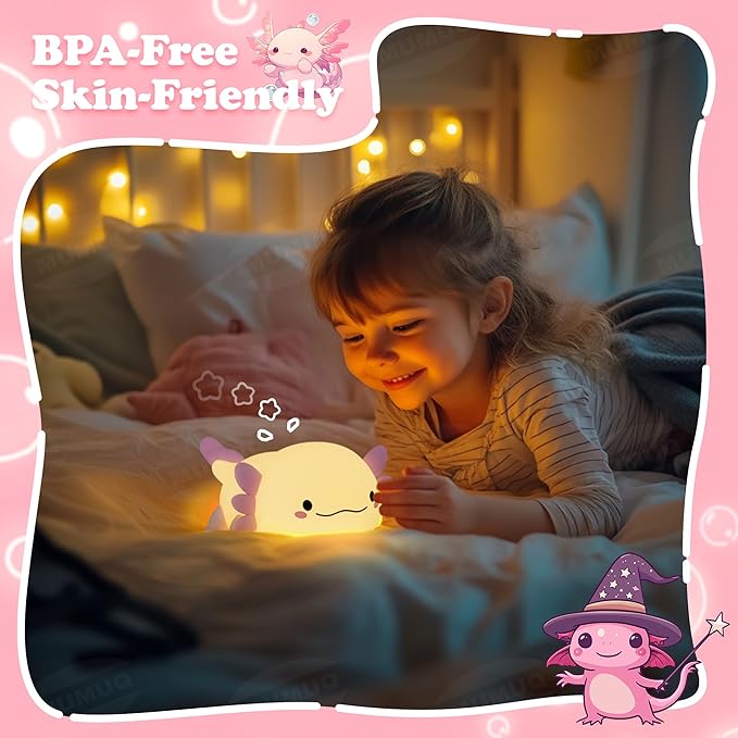 Axolotl Night Light, LED Cute Silicone Nursery Axolotl Lamp for Kids, Rechargeable Squishy Nightlight Touch Nightlight Bedside Lamp with 20 Minutes Timer for Breastfeeding, Funny Decor, Cute Gifts