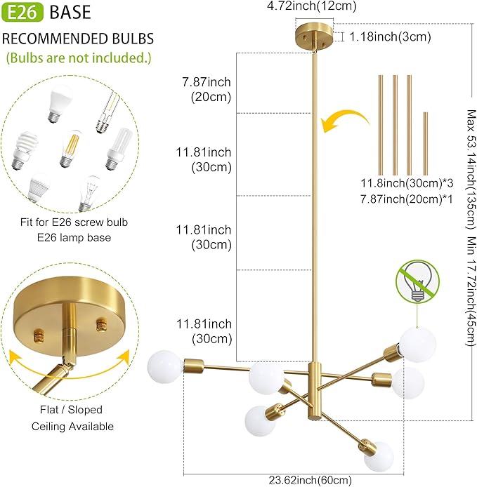 Sputnik Chandelier Modern Industrial E26 Gold Chandeliers Mid Century Ceiling Lighting Fixture for Living Room, Kitchen, Bedroom, Dining Room, and Farmhouse