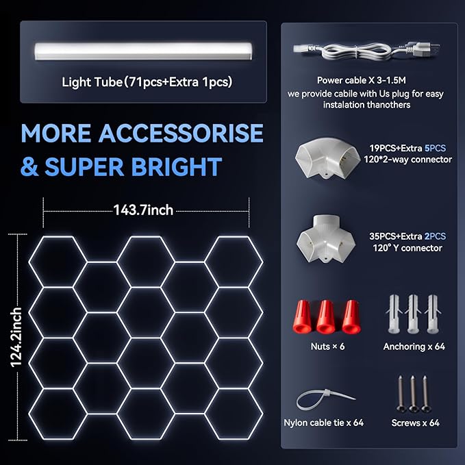 LED Hexagon Garage Light: Upgraded 10-100% Dimmable Garage Hexagon Lights, 72 Packs LED Light, 79200LM Super Bright Honeycomb Lights for Gym Basement Hair Salon