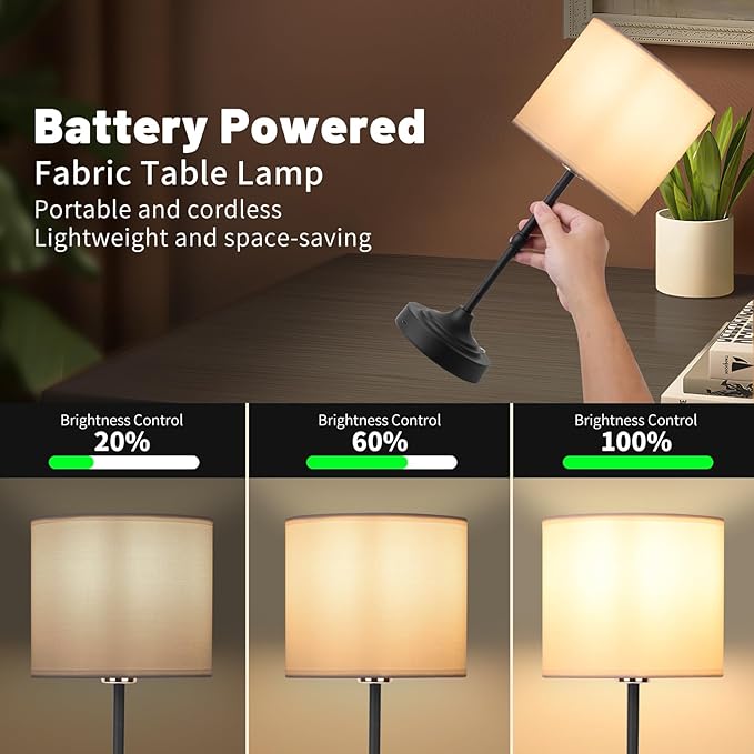 Cordless LED Table Lamp,Portables Fabric Shade Desk Lamps, Rechargeable Battery Powered Lighting, Dimmable Light for Dining Room, Bedroom, Bedside, Night Light, Balcony (Black)
