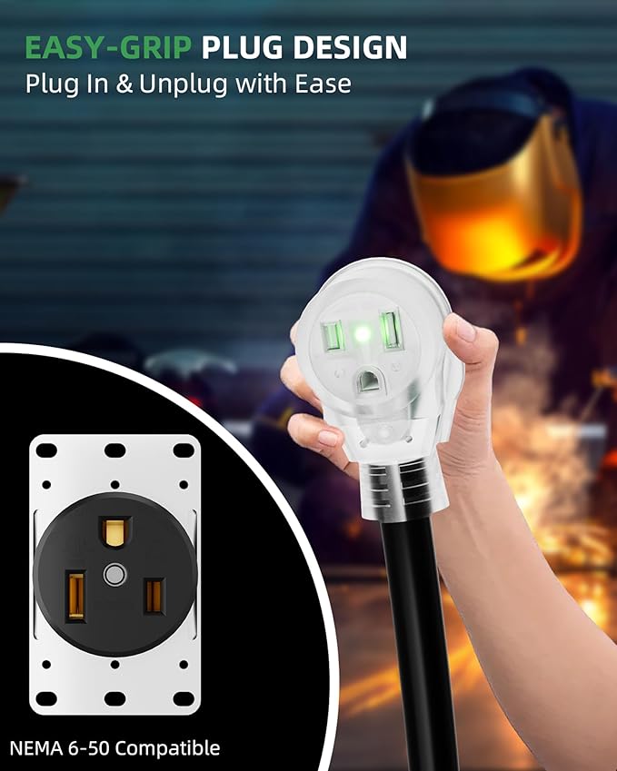 50ft 250V Welder Extension Cord, 10 Gauge Heavy Duty Outdoor Welding Cord with LED Indicator, NEMA 6-50P to 6-50R, 30 Amp 3 Prong Power Extension for Welding Machines, 10 AWG SJTW, Black