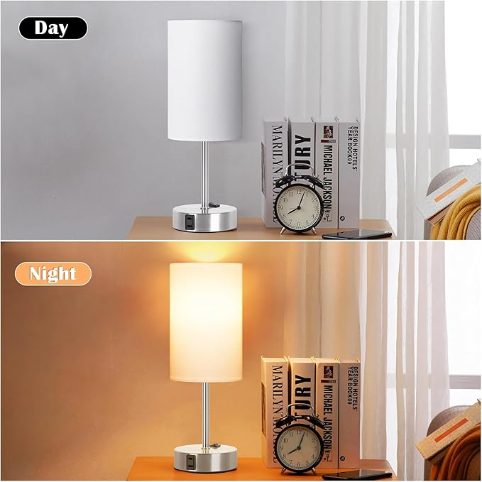 ZJOJO Table Lamp for Bedroom Set of 2, Bedside Small Lamps with 3 Way Dimmable Rocker Switch and AC Outlet, Nightstand Desk Lamp with White Fabric Shade Nickel Base for Living Room Home Decor Lights