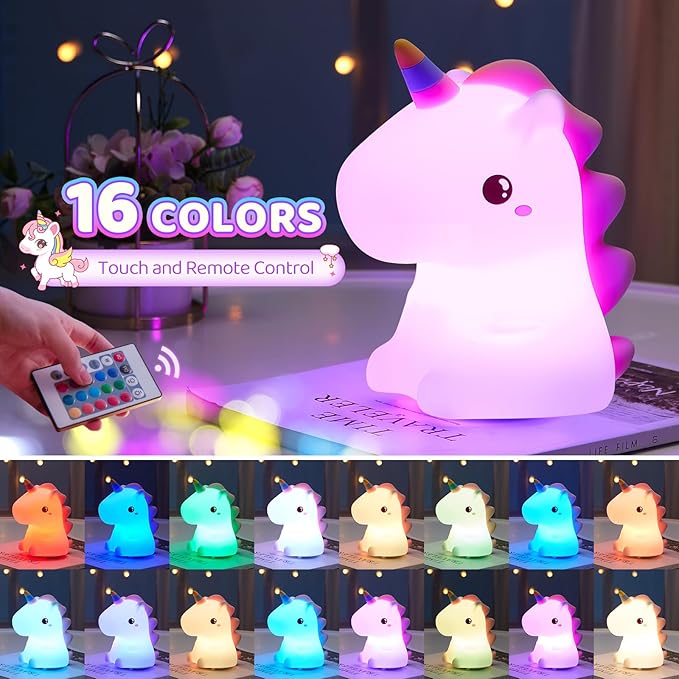 One Fire Unicorn Night Light for Kids,【Cute Gifts&Remote】 16 Colors Cute Night Light,5 Lightness & Last 10H Nightlight for Kids Room,Soft Lamp