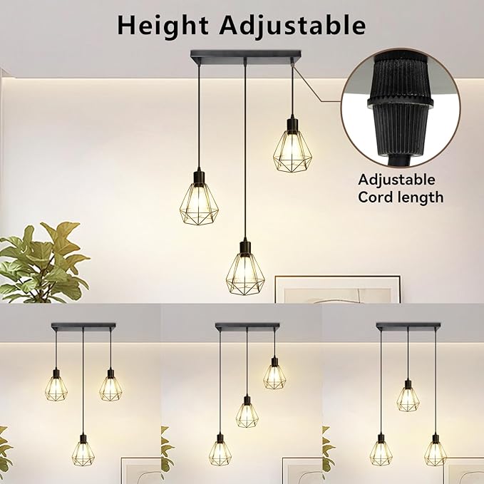3-Light Pendant Light Fixture, Hanging Lighting Fixture Kitchen Island, Black Ceiling Lamp with 1.2m Adjustable Cord for Kitchen Bedroom Hallway, Dining Room, E26 Base,Blub Not Included