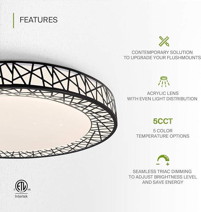 ASD 18 Inch LED Flush Mount Ceiling Light Fixture for Bedroom, 35W 1992LM 5CCT 2700K-5000K, Triac Dimmable Lights, Dining, Living Room, Kitchen Lamps, Modern Home Lighting Fixtures, Black, ETL