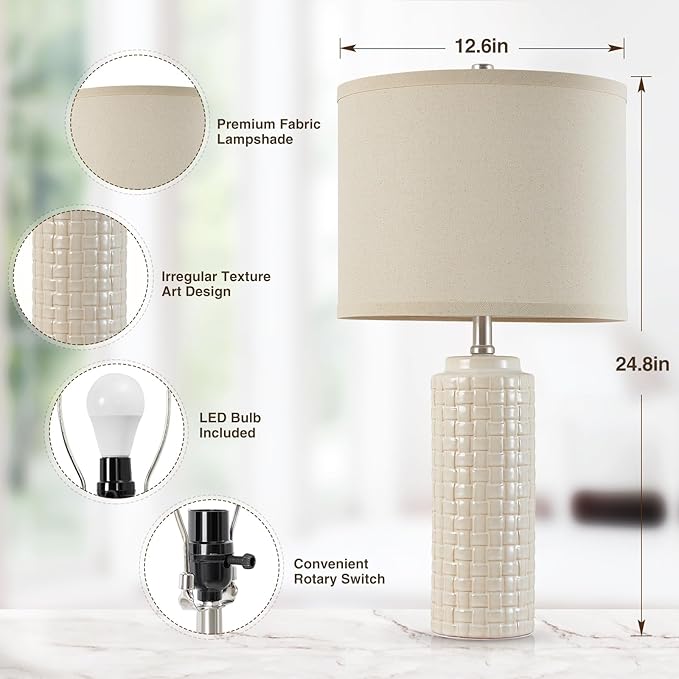 Luvkczc 24.8" Modern Ceramic Bedside Lamp Set of 2, 3 Color Temperature&Bulbs Included - Farmhouse Nightstand Lamps for Living Room Bedroom End Table Office Entryway