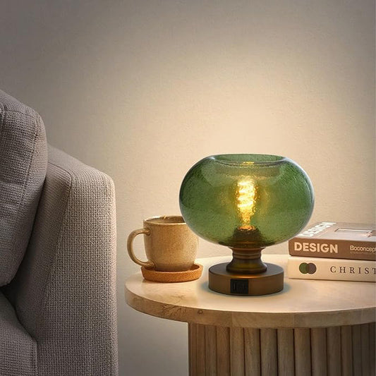 Mid Century Glass Table Lamp,Dimmable Desk Lamp,LED Bulb Included,Touch Control & USB A+C Port,Green Seeded Glass