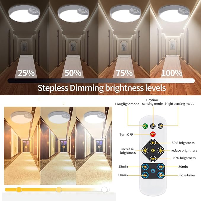 Rechargeable Motion Sensor Light with Remote Wireless Ceiling Light Battery Operated Closet Lights Battery Powered Ceiling Light Timing Dimmable 7.8in for Closets Shower Stair Pantry Hallway Porch