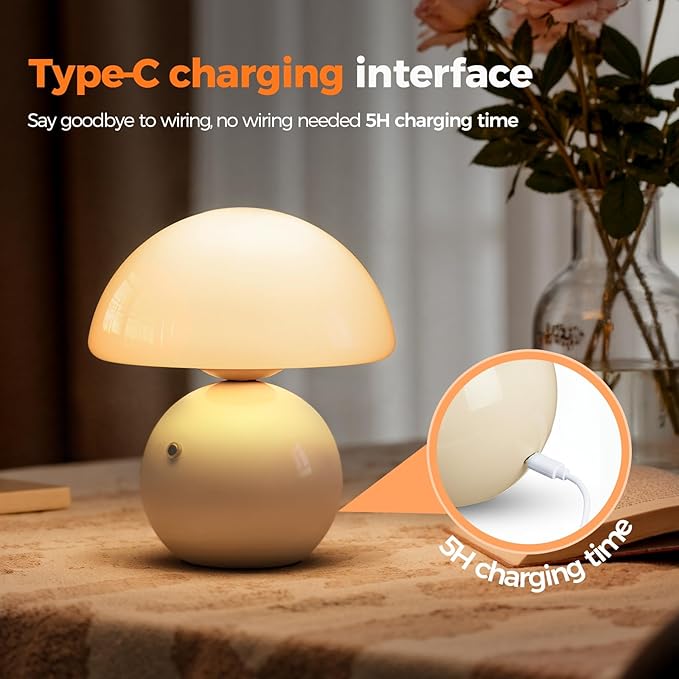 NIORSUN Mushroom Lamp Table Lamp for Bedroom, Portables Cordless Table Lamp,Wireless lamp,Small Bedside Table Touch Lamps for Living Room,Mini Mushroom 5200mAh Battery Operated Lamp Modern Cream