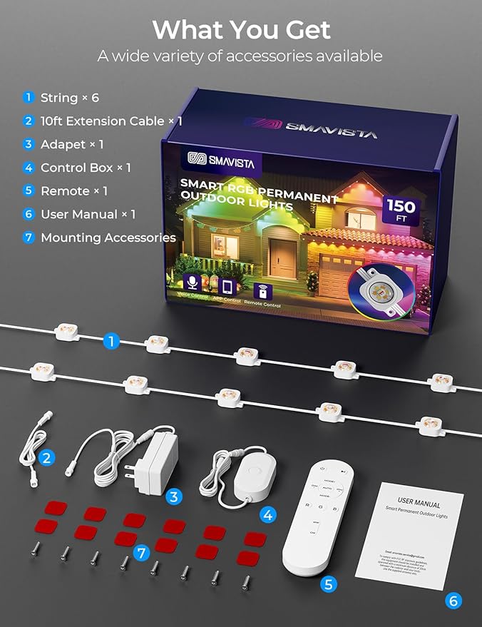 Smart Permanent Outdoor Lights Pro, 150ft 90LED RGB+IC+Warm/Cool White for Daily, 100+ Scene Modes, Waterproof Eaves Light for Halloween Christmas Decor, Works with Alexa, Google Assistant